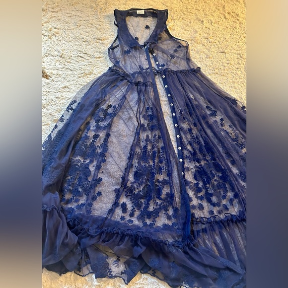 Free People Intimately Maxi Button Front Mesh Slip Dress w/ Collar Sz Small Navy - Picture 4 of 10